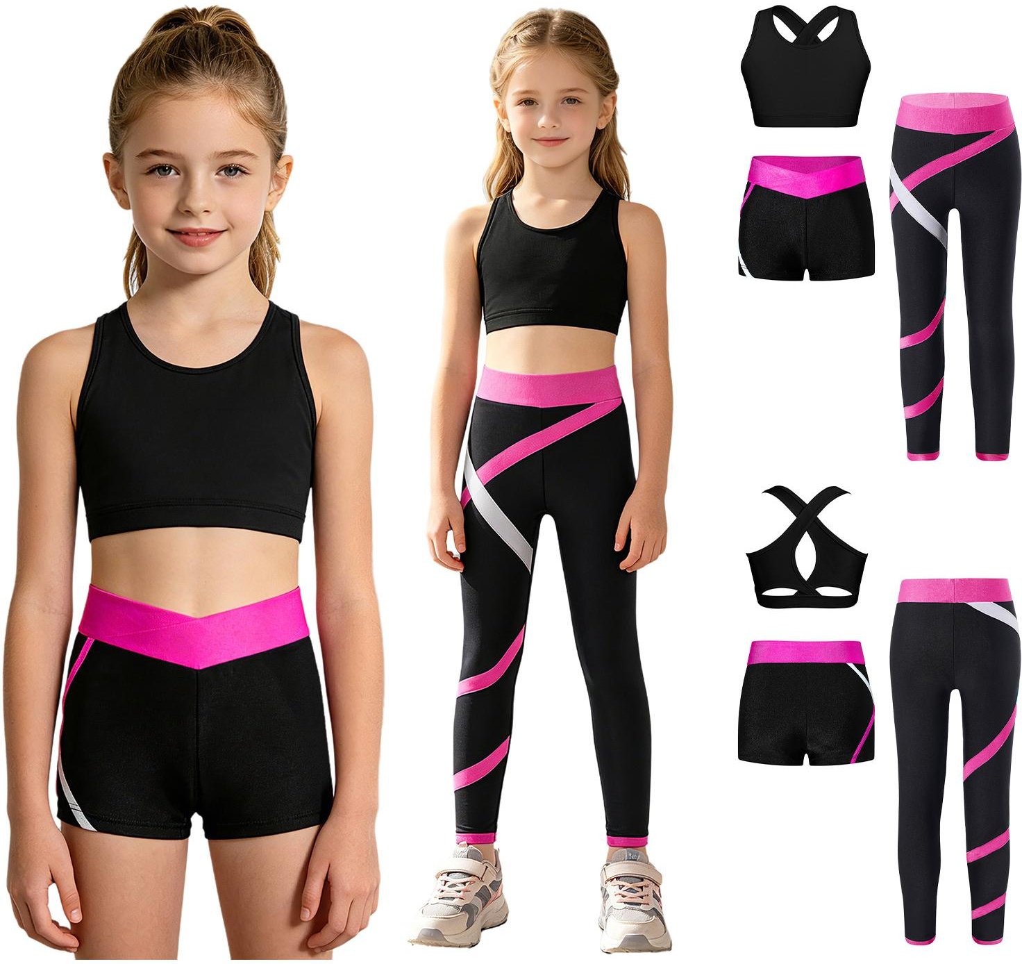 Barn 3-delad Dansoutfit Träningsoverall Flickor Cross Nack Tank Sport BH med Yoga Byxor Leggings Balett Shorts Set 9-10 Years